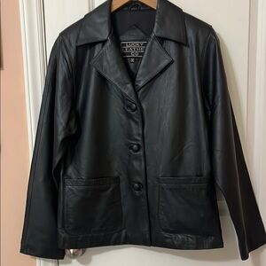 Black Leather Jacket with Notched Lapel and soft buttery finish.
